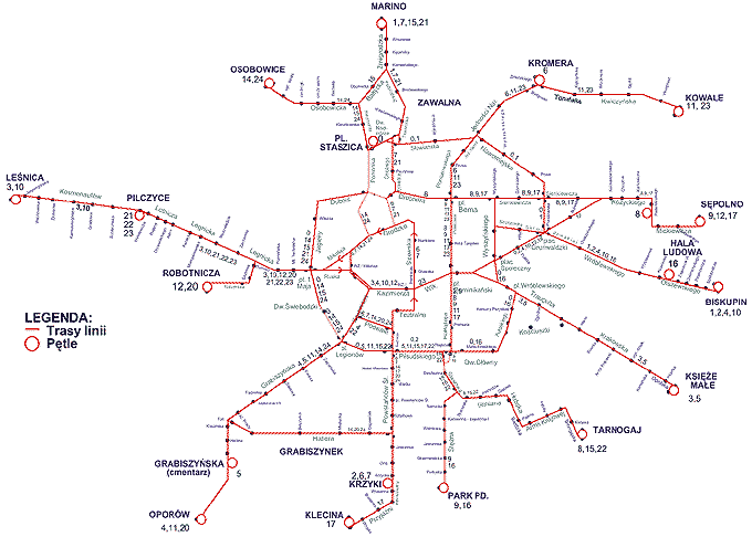 Schemat komunikacji tramwajowej we Wrocawiu (rdo: ZDiK Wrocaw)